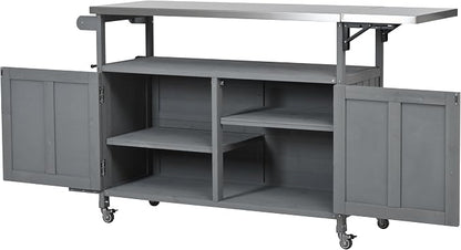 JIVOIT Outdoor Fir Wood Kitchen Island with Foldable Stainless Steel Top, Patio Mobile Kitchen Cart Portable Outdoor Cooking Island with Lockable Wheels, Storage Cabinet and Towel Rack (Gray/124)