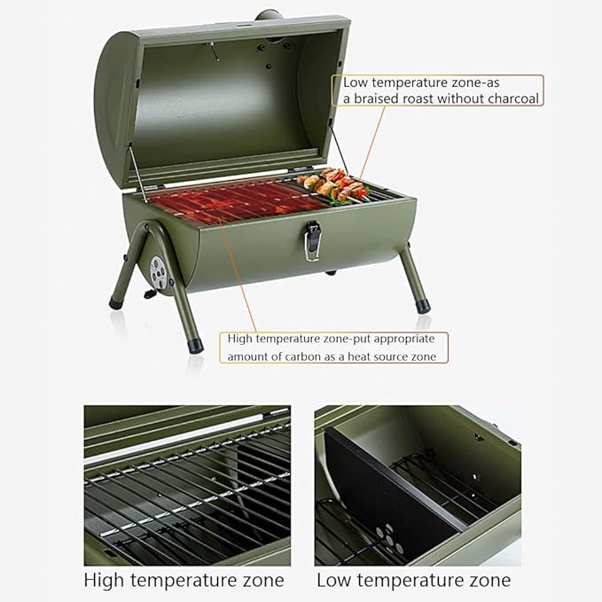 Portable Barbecue Grill Stainless Steel Barrel Charcoal BBQ Grill with Thermometer Features Side Vents and Wooden Carry Handle for Beach Outings, Garden, Party or Camping Trip (Color : Green)