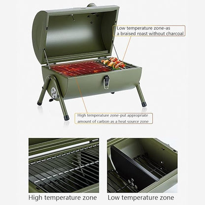 Portable Barbecue Grill Stainless Steel Barrel Charcoal BBQ Grill with Thermometer Features Side Vents and Wooden Carry Handle for Beach Outings, Garden, Party or Camping Trip (Color : Green)