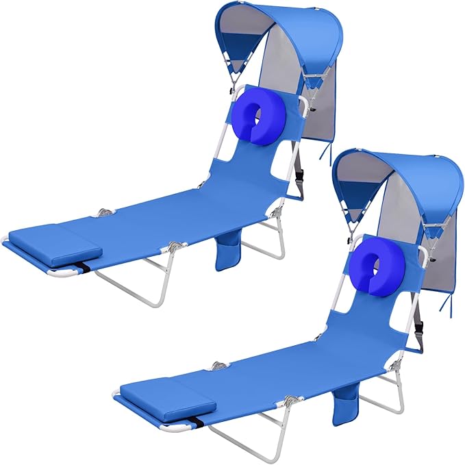 Backpack Beach Tanning Lounge Chair with Canopy Shade Face Hole Padded Adjustable Washable, 6 Position Layout Chair for Outside Sunbathing Poolside Lawn, UPF 50+ Wind-Resistant Sun Shade, 2Pack