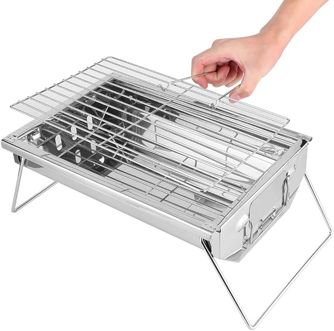 Folding Charcoal Grill Stainless Steel BBQ Tool for BBQs, Picnics, and Camping, Easy to Assemble and Clean, Outdoor Cooking Grill for Burgers, Fish, 13.1x8.9x3.1in, Silver