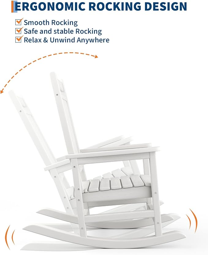 GarveeLife Poly Lumber Rocking Chair Outdoor Set of 4 with 2 Side Table - HDPE High Back Porch Rocker Chairs for Adults - All Weather Resistant Furniture for Patio - White