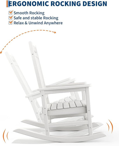 GarveeLife Poly Lumber Rocking Chair Outdoor Set of 2 with Side Table - HDPE High Back Porch Rocker Chairs for Adults - All Weather Resistant Furniture for Patio - White