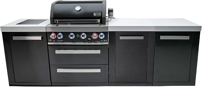 Mont Alpi Premium 107"W x 23"D x 46"H Black Stainless Steel Outdoor Kitchen Island with Infrared Side Burner + 32"W 4-Burner BBQ Grill + Granite Countertops + Storage Cabinets + Rotisserie + Cover