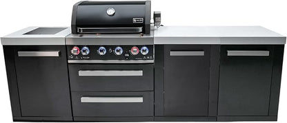 Mont Alpi Premium 107"W x 23"D x 46"H Black Stainless Steel Outdoor Kitchen Island with Infrared Side Burner + 32"W 4-Burner BBQ Grill + Granite Countertops + Storage Cabinets + Rotisserie + Cover