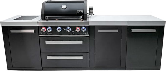 Mont Alpi Premium 107"W x 23"D x 46"H Black Stainless Steel Outdoor Kitchen Island with Infrared Side Burner + 32"W 4-Burner BBQ Grill + Granite Countertops + Storage Cabinets + Rotisserie + Cover