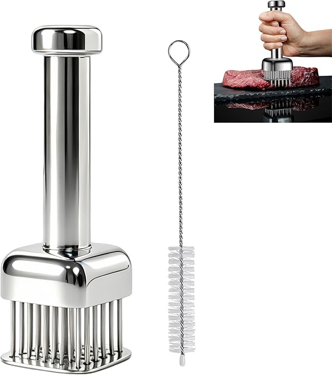 Meat Tenderizer Tool, 304 Stainless Steel, with 28 Needles & Retractable Safety Guard, Square Head Covers More Surface for Beef Steak Chicken Turkey, Dishwasher Safe