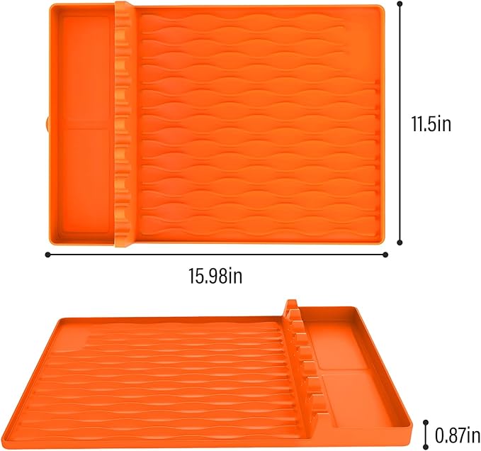 Silicone BBQ Tool Mat, Outdoor BBQ Grill Mat with Drip Mat with Seasoning Bottle Holder, BBQ Accessory Side Rack Mat, BBQ Tool Tray, 15.98"*11.5" (Orange 2pcs)