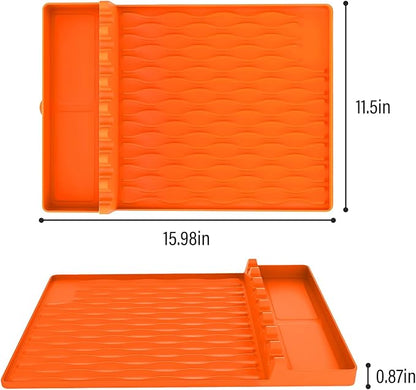 Silicone BBQ Tool Mat, Outdoor BBQ Grill Mat with Drip Mat with Seasoning Bottle Holder, BBQ Accessory Side Rack Mat, BBQ Tool Tray, 15.98"*11.5" (Orange 2pcs)