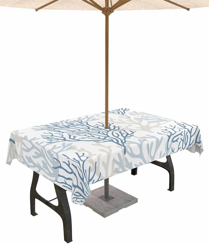 Blue Grey Coral Coastal Outdoor Tablecloth - 54x80 Inch Rectangle Waterproof Dining Table Cover, Summer Beach Seaside Nautical Outdoor Table Cloth with Umbrella Hole & Zipper for Patio