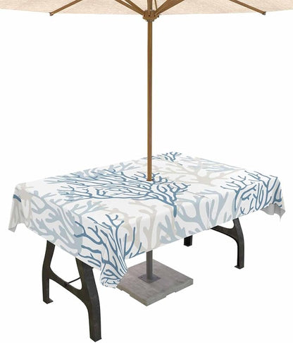 Blue Grey Coral Coastal Outdoor Tablecloth - 60x102 Inch Rectangle Waterproof Dining Table Cover, Summer Beach Seaside Nautical Outdoor Table Cloth with Umbrella Hole & Zipper for Patio