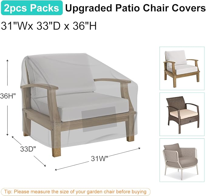 2 Pack Outdoor Patio Chair Covers Waterproof 31"Wx33"Dx36"H, Gray | Patio Furniture Covers Protect from Rain, Dust & UV; Heavy-Duty Oxford Fits Lounge, Deep Seat & High Back Chairs on Lawns