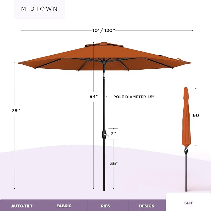 Midtown Umbrellas – The Lean 10 Ft Patio Umbrella with 10-Year-No-Fade Acrylast Acrylic Fabric, Auto-Tilt and 8 Reinforced Ribs for Deck, Pool, Garden, Hotel & Cafes – Sienna Rust Canopy, Black Pole