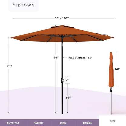 Midtown Umbrellas – The Lean 10 Ft Patio Umbrella with 10-Year-No-Fade Acrylast Acrylic Fabric, Auto-Tilt and 8 Reinforced Ribs for Deck, Pool, Garden, Hotel & Cafes – Sienna Rust Canopy, Black Pole