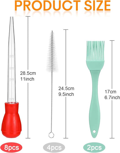 Boao 14 Pcs Heat-Resistant Turkey Baster Cooking Set Includes 8 Pcs 11 Inch Large Syringe Turkey Baster, 2 Basting Brush, 4 Cleaning Brush, Meat, Food Injector for Poultry, Beef,Chicken(Bright Color)