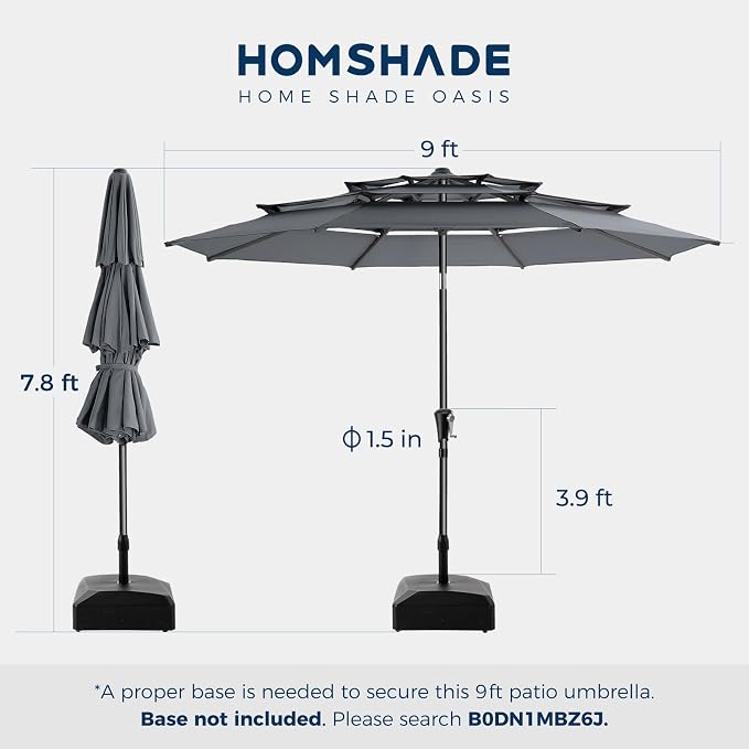 9FT 3-Tier Patio Umbrella, Vented Outdoor Market Table Umbrella | 5-year fade resistant commercial canopy with UPF50+ UV protection. Push button tilt & crank for pool, backyard, deck shade