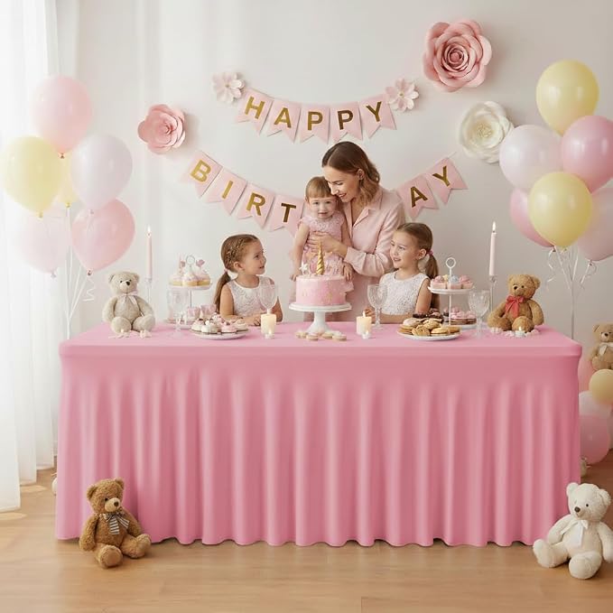 6 Pack Pink Spandex Table Covers 6ft Rectangle Ruffle Skirts for Party | Elastic Table Covers 6 Foot, Pleated Fitted Table Cloths, Wrinkle Resistant Elegant Table Skirts Wedding, Banquets