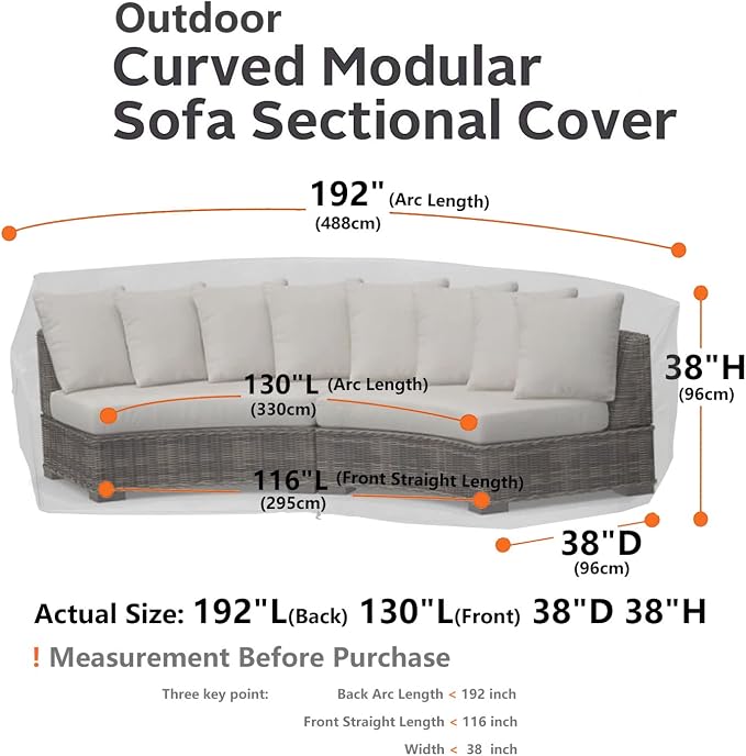 Curved Patio Furniture Cover for Outdoor Sectional Sofa, 190"(128") Reinforced Waterproof 600D Patio Couch Covers, Lawn Outside Garden Furniture Winter Protector-Midnight Black
