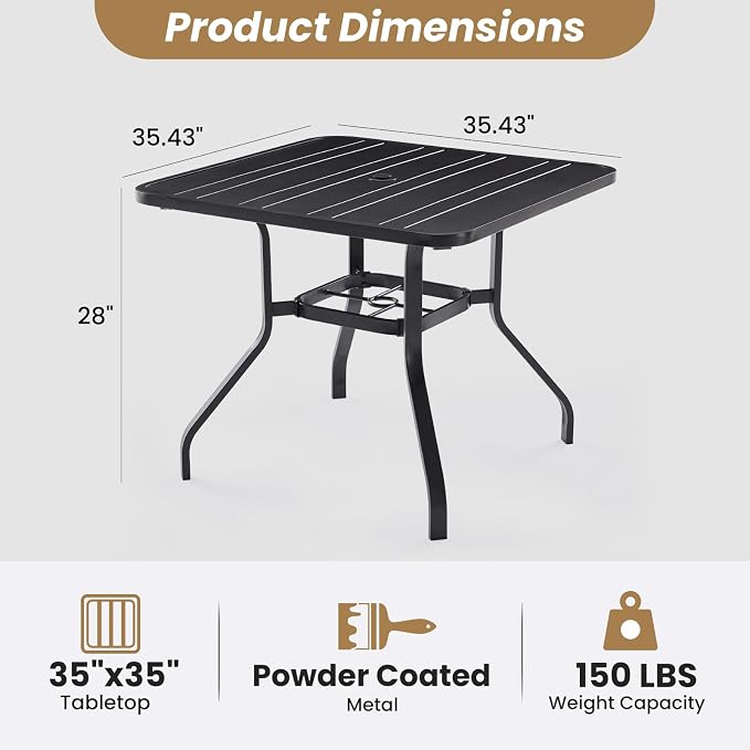 Patio Dining Table 35"x35", Square Outdoor Dining Table with 1.57" Umbrella Hole, Metal Outdoor Furniture for Patio, Graden, Backyard and Poolside, Weather-Resistant