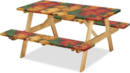 Thanksgiving Elastic Fitted Table Cloth for Camping Party Supplies 3 PCS Set Classic Pumpkin Maple Leaf Outdoor Picnic Table Cover with Bench Covers