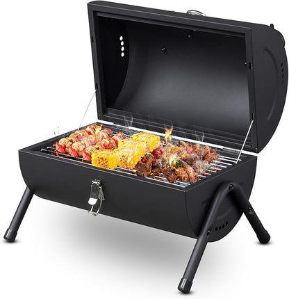 Portable Charcoal Grill for Outdoor BBQ with Thermometer, Tabletop Barbecue Grill with Chimney for Outdoor Camping Backyard Party BBQ Cooking, Extra Thick Steel & Heavy Duty, Innovative Design