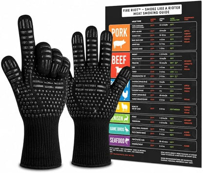 Heat-Resistant BBQ & Oven Gloves with Meat Smoking Guide – Non-Slip Silicone Grip, One Size Fits Most, Ideal for Grilling, Smoking, Baking & Cooking – Black