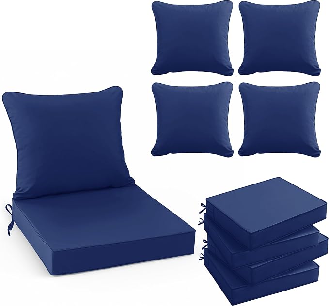 Summsun Patio Chair Cushion Set, 19 x 19 Inch, Navy, Set of 4 | Double-Sided Water Resistant, Removable Cover, Back Pillow & Seat Cushion, Tie Straps, Fit for Patio, Garden, Sofa Couch