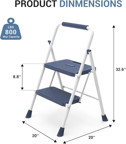 DUMOS Step Ladder, 2 Sturdy Step Stool with Anti-Slip Pedal & Comfortable Handrail, Portable Heavy Duty Stool for Kitchen, Garage & Outdoor, 800lbs, Calm Blue