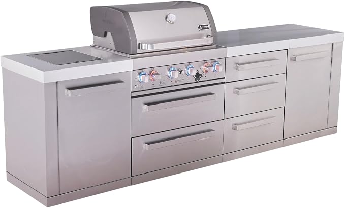 Mont Alpi Premium 107"W x 23"D x 46"H Stainless Steel Modular Outdoor Kitchen Island with Infrared Side Burner + 32"W 4-Burner BBQ Gas Grill + White Granite Countertops + Storage Cabinets + Drawers