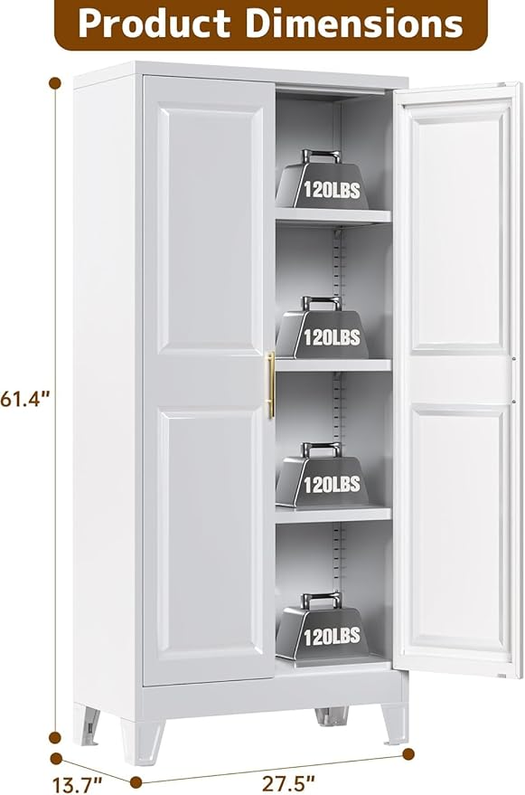 61.4" White Metal Pantry Storage Cabinet, Farmhouse Kitchen Cupboard with 3 Adjustable Shelves, Magnetic Closure, Anti-Tip Kit & Moisture-Proof Legs for Kitchen, Living Room, Assembly Required