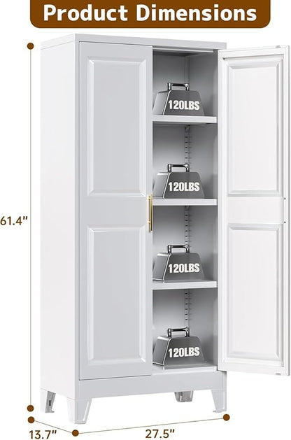 61.4" White Metal Pantry Storage Cabinet, Farmhouse Kitchen Cupboard with 3 Adjustable Shelves, Magnetic Closure, Anti-Tip Kit & Moisture-Proof Legs for Kitchen, Living Room, Assembly Required
