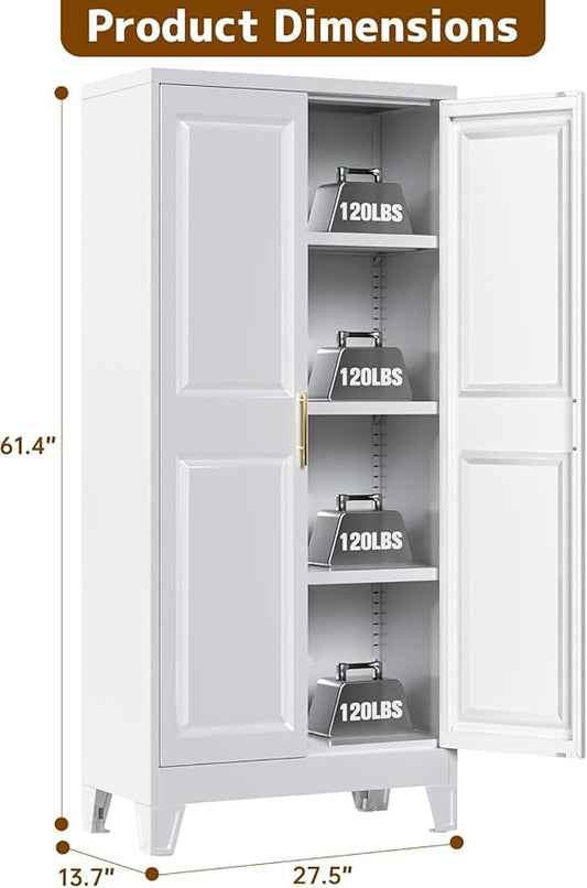 61.4" White Metal Pantry Storage Cabinet, Farmhouse Kitchen Cupboard with 3 Adjustable Shelves, Magnetic Closure, Anti-Tip Kit & Moisture-Proof Legs for Kitchen, Living Room, Assembly Required