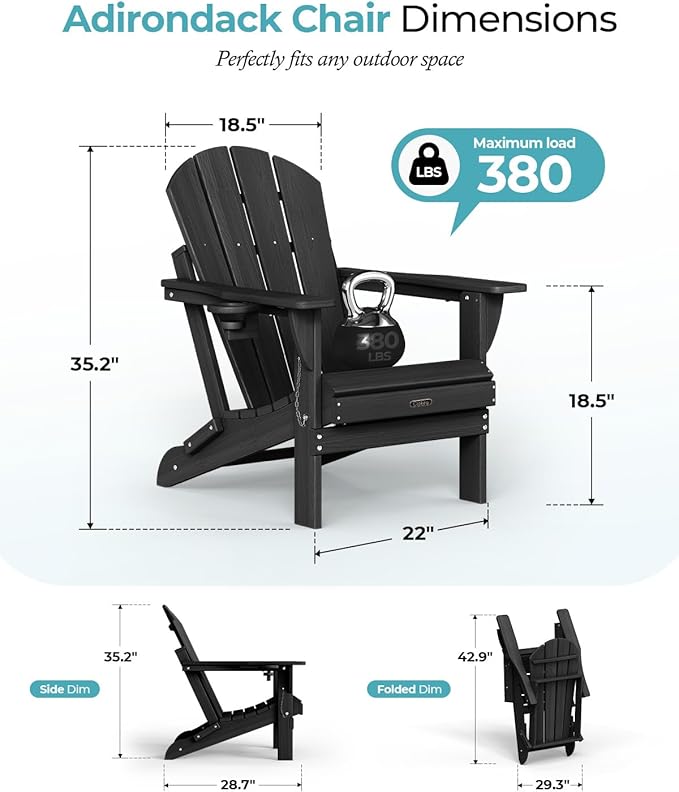 Ciokea Folding Adirondack Chair 6 Pack, Patio Adirondack Chair Weather Resistant, Plastic Fire Pit Chair with Cup Holder, Lawn Chair for Outdoor Porch Garden Backyard Deck (Black)