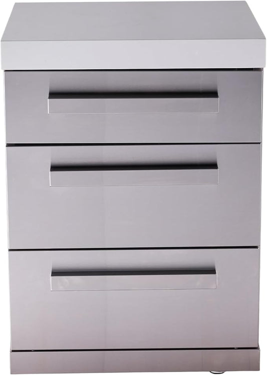 Mont Alpi 3-Drawer Soft-Close Stainless Steel Outdoor Kitchen Cabinet Module with White Granite Countertop - 25" W | 304 SS | MAi805 & MAi400