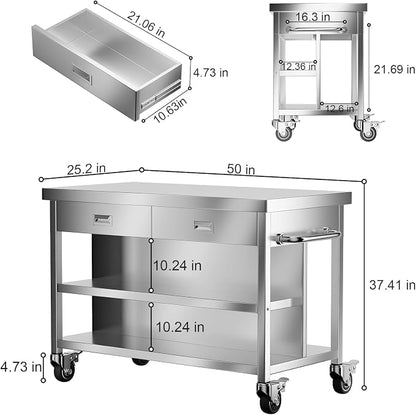 Stainless Steel Kitchen Island with Storage, Rolling Kitchen Island Cart on Wheels with 2 Drawers, Industrial Kitchen Cart, Commercial Portable Island for Kitchen, Bar, Outdoor Patio, 25 x 50 x 37 in