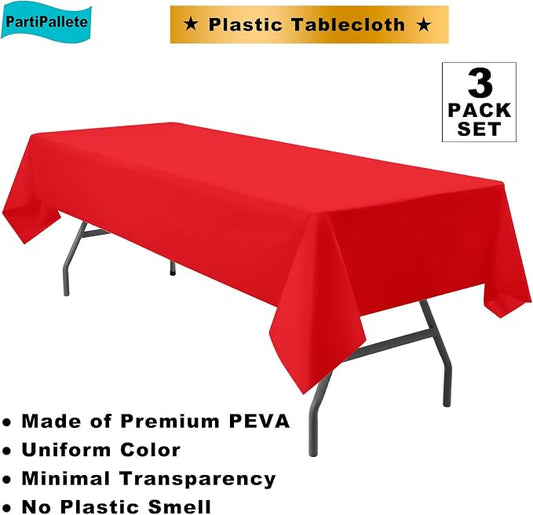 3-Pack Premium Plastic Red Tablecloth Disposable 54" x 108" Rectangle Table Cover Party PEVA Ruby Shine Red Table Cloths for Birthday Wedding Thanksgiving Christmas Graduation Banquet