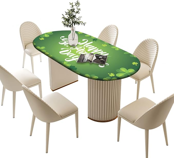 Happy St, Patrick's Day Oval Fitted Table Cloths, Green Clover Leaves Pattern Print Polyester Tablecloth, 60x84 Inch, Elastic Edged Oblong Fitted Table Covers for Spring Holiday Party and Dinner Use