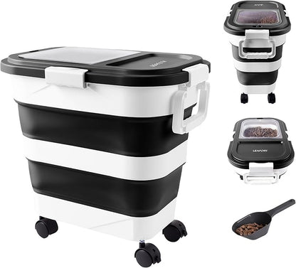 Wood Pellet Storage Container 30-40lbs, Airtight Bin with Locking Lid & Clear Window, Collapsible Pellet Bucket with Wheels, Scoop & Labels, Black & White