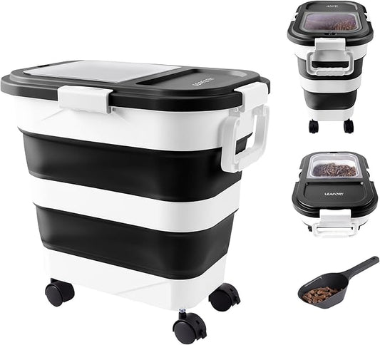 Wood Pellet Storage Container 30-40lbs, Airtight Bin with Locking Lid & Clear Window, Collapsible Pellet Bucket with Wheels, Scoop & Labels, Black & White