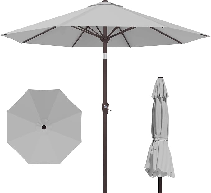 Kingdura 9FT Outdoor Patio Umbrella, Round Market Table Umbrella with Push‑Button Tilt and Crank Lift, 8 Sturdy Metal Ribs, UV50+ Protection Canopy for Backyard, Lawn, Deck, Poolside, Garden (Light grey)