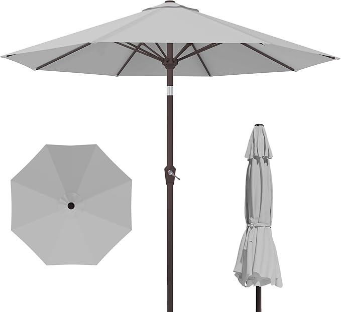 Kingdura 10FT Outdoor Patio Umbrella, Round Market Table Umbrella with Push‑Button Tilt and Crank Lift, 8 Sturdy Metal Ribs, UV50+ Protection Canopy for Backyard, Lawn, Deck, Poolside, Garden (Light grey)