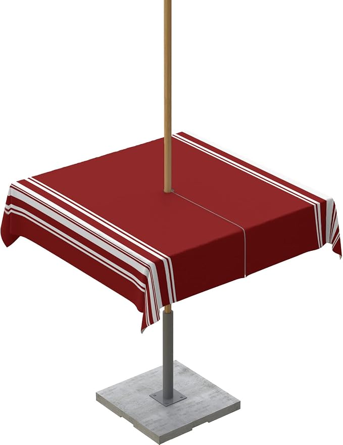 QueenKer Outdoor Tablecloth with Umbrella Hole, Farmhouse Wine Red White Stripe Square Tables Waterproof Tabletop Collection for Patio, Garden, Picnic, Camping, Dining 54 x 54 inch