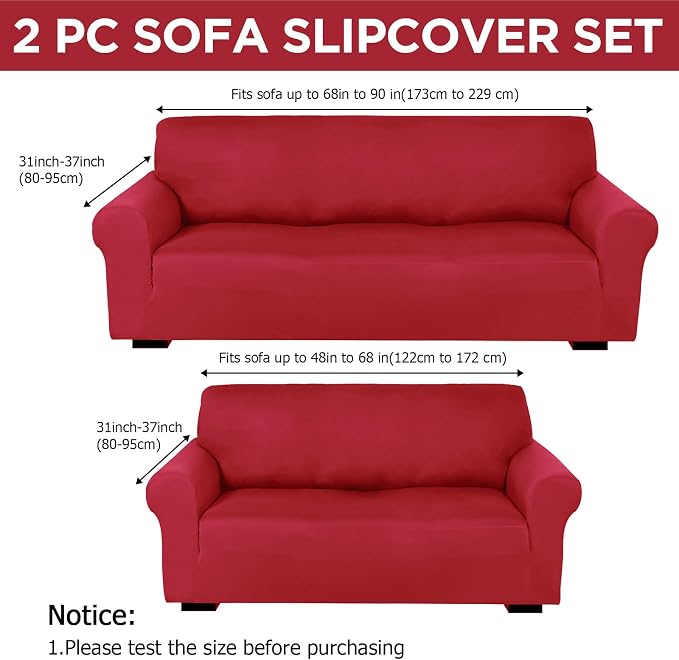 Peryiter 2 Pcs Couch and Loveseat Sofa Covers,Xmas Red,Milk Silk | Armchair Covers for Living Room, Sofa Cushion Slipcover 2/3 Seater, Furniture Protector, Polyester and Spandex, Washable