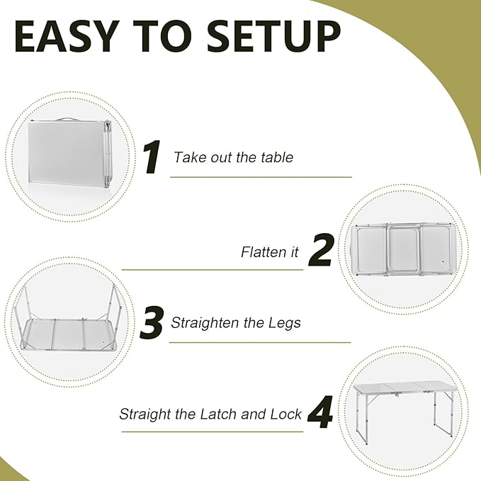4.0 Ft Folding Portable Camping Table, Adjustable Height, Outdoor Waterproof Aluminum Lightweight Suitcase Table for Picnic, BBQ, Beach, Dining