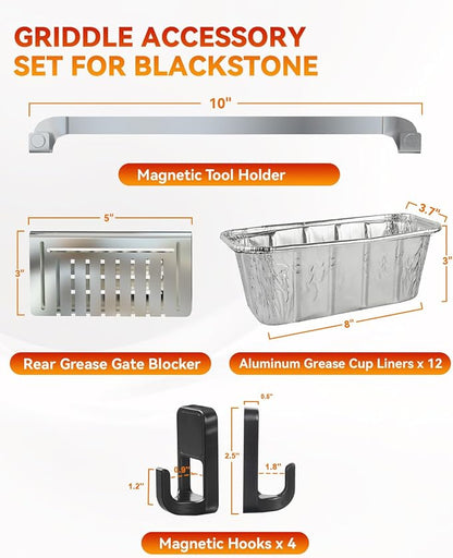 Griddle Accessories Set for Blackstone 17 22 28 36 Inch, BBQ Grill Parts | 12 Aluminum Grease Cup Liners, 10" Stainless Steel Magnetic Tool Holder, Rear Grease Gate Blocker and 4 Magnetic Hooks