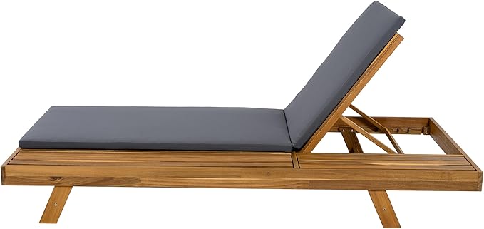Christopher Knight Home Kayes Acacia Wood Chaise Lounge with 2'' Cushion, Outdoor 79'' Patio Recliner Chair with 4-Position Adjustable Backrest, Sun Lounger for Poolside Backyard, Teak+Dark Gray