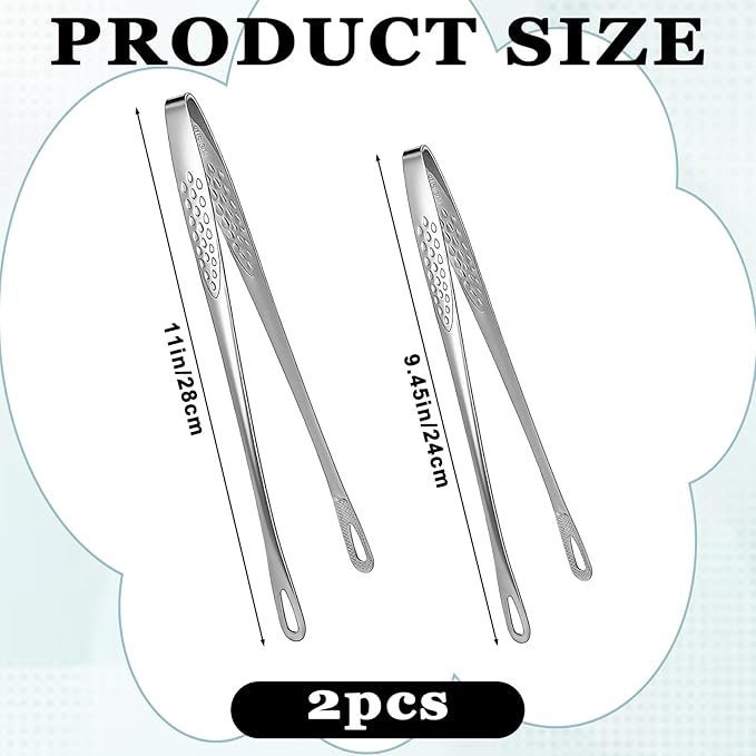 2 Pcs 11 Inches and 9.45 In Kitchen Tongs Korean BBQ Tweezers Grill Tools Stainless Steel Kitchen Tweezers Grill Food For Cooking, Meat, Bread & Ice, Clip Head Hollow Design