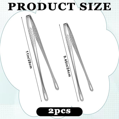 2 Pcs 11 Inches and 9.45 In Kitchen Tongs Korean BBQ Tweezers Grill Tools Stainless Steel Kitchen Tweezers Grill Food For Cooking, Meat, Bread & Ice, Clip Head Hollow Design