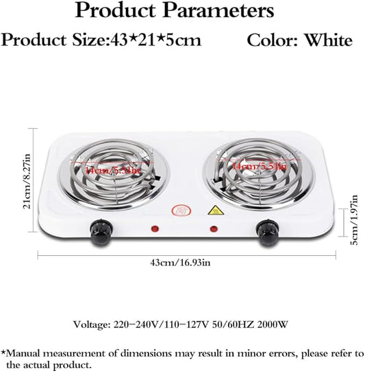 Compact and Portable Countertop Burner- Countertop Double Coiled Burner 2000 Watts Electric Hot Plate Temperature Controls White