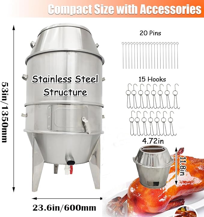 INTBUYING 3-Tier Charcoal Duck Roaster Oven 23.6" x 53" Stainless Steel Roasting Machine for Peking Duck BBQ Chicken Turkey Pig with Hooks & Pins for Commercial Home Use Roast Oven